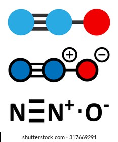 Nitrous oxide (NOS, laughing gas, N2O) molecule. Used in surgery as analgesic and anesthetic drug, and also as oxidizer in rocket motors and combustion engines. Stylized 2D renderings. 