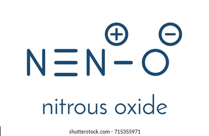 Nitrous oxide (NOS, laughing gas, N2O) molecule. Used in surgery as analgesic and anesthetic drug, and also as oxidizer in rocket motors and combustion engines. Skeletal formula.