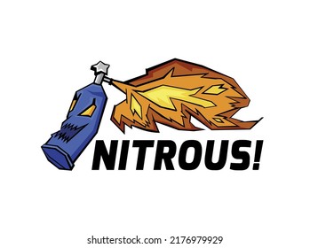 Nitrous Oxide System. NO2 bottle with burning fuel. Engine power increasing. Fire in a motor. Editable vector illustration in funny cartoon style useful for logo design, print, web materials creation