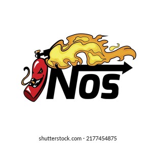 Nitrous Oxide System. NO2 bottle with burning fuel. Engine power increasing. Fire in a motor. Editable vector illustration in funny cartoon style useful for logo design, print, web materials creation