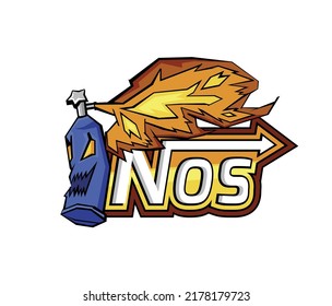 Nitrous Oxide System. NO2 bottle with burning fuel. Engine power increasing. Fire in a motor. Editable vector illustration in funny cartoon style useful for logo design, print, web materials creation