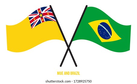 Niue and Brazil Flags Crossed And Waving Flat Style. Official Proportion. Correct Colors.