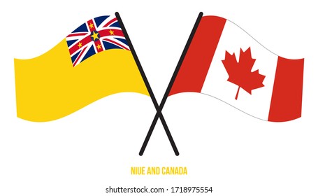 Niue and Canada Flags Crossed And Waving Flat Style. Official Proportion. Correct Colors.