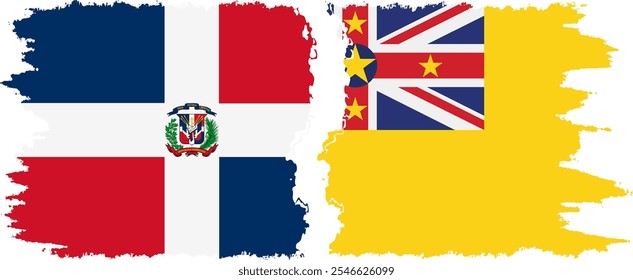 Conexión de banderas grunge de Niue y República Dominicana, Vector