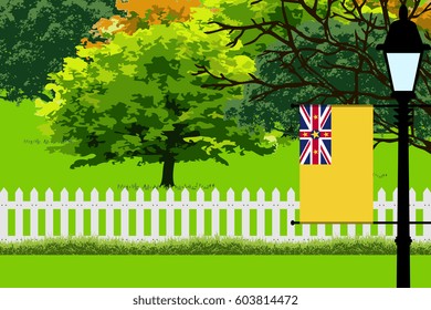 Niue Flag, Landscape of Park, Trees, Fence wooden and Street light Vector Illustration 