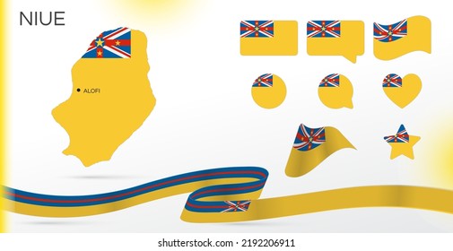 Banderas de Niue. Varios diseños. Mapa y ciudad capital. Mundo. Vector. Círculo. Plantilla para el día de la independencia. Colección de símbolos nacionales. Cinta con colores del indicador. Países de Oceanía