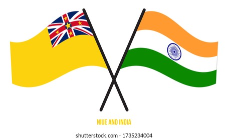 Niue and India Flags Crossed And Waving Flat Style. Official Proportion. Correct Colors.