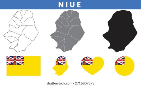 Mapa da Ilha Niue e conjunto de vetor da bandeira com contorno das aldeias