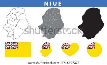Niue Island Map and Flag Vector Set with Villages Outline