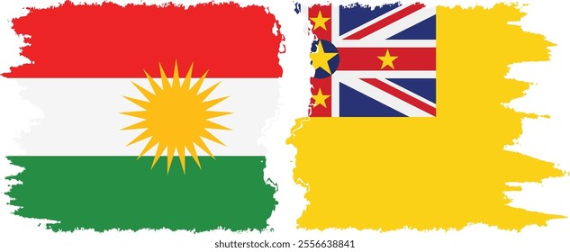 Niue and  Kurdistan grunge flags connection, vector