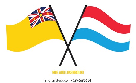 Niue and Luxembourg Flags Crossed And Waving Flat Style. Official Proportion. Correct Colors.
