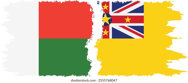 Niue and Madagascar grunge flags connection, vector