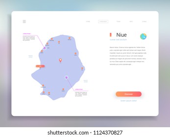 Niue map infographics vector template with cities, capital Alofi and pointer marks.