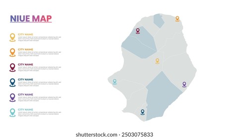 Niue Modern Map Infographic Plantilla, Mapa infográfico detallado de Niue Ciudad Populares