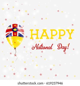 Niue National Day patriotic poster. Flying Rubber Balloon in Colors of the Niuean Flag. Niue National Day background with Balloon, Confetti, Stars, Bokeh and Sparkles.