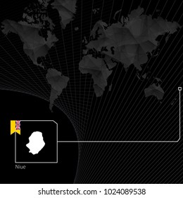 Niue on black World Map. Map and flag of Niue.