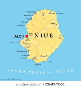 Niue, political map. Self governing island state, situated in the South Pacific Ocean, part of Polynesia, with capital Alofi. The island is subdivided into 14 municipalities and electoral districts.