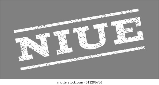 Niue watermark stamp. Text caption between parallel lines with grunge design style. Rubber seal stamp with scratched texture. Vector white color ink imprint on a gray background.