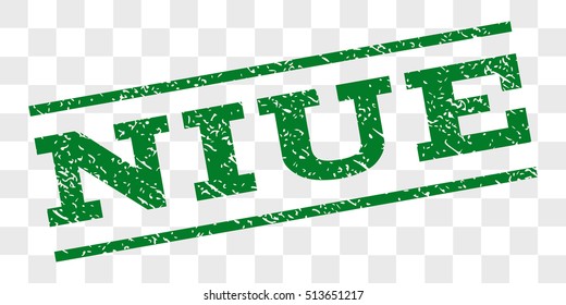 Niue watermark stamp. Text caption between parallel lines with grunge design style. Rubber seal stamp with dust texture. Vector green color ink imprint on a chess transparent background.
