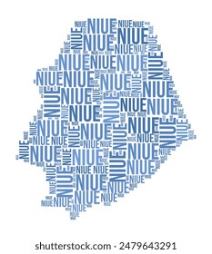 Nube de Palabras Niue. Forma Country con división por regiones. Imagen de estilo de tipografía de Niue. Nubes de etiquetas de nombres de región. Ilustración vectorial.