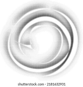 A niveous band, dashingly  intertwined into a spiral, with tangle and rupture in its own halftone dotted shadow. Vector.