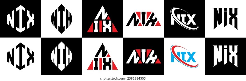 NIX letter logo design in six style. NIX polygon, circle, triangle, hexagon, flat and simple style with black and white color variation letter logo set in one artboard. NIX minimalist and classic logo