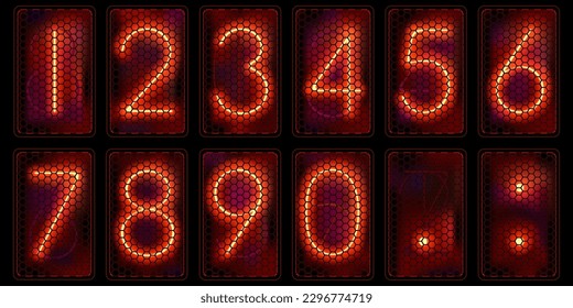 Nixie clock tube. Set of glowing diode digits in lamps. Vector illustration