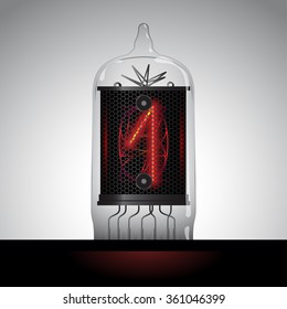 Nixie tube clock number 1. Cathode digit in a little glass dome vector illustration.