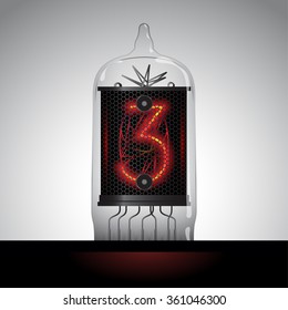 Nixie tube clock number 3. Cathode digit in a little glass dome vector illustration.
