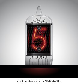 Nixie tube clock number 5. Cathode digit in a little glass dome vector illustration.