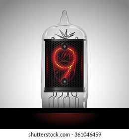 Nixie tube clock number 9. Cathode digit in a little glass dome vector illustration.