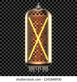 Nixie tube indicator lamp with letter X lit up, as retro-styled alphabet, includes transparency. Vector illustration.