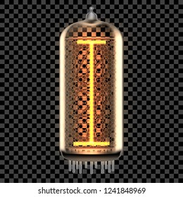 Nixie tube indicator lamp with letter I lit up, as retro-styled alphabet, includes transparency. Vector illustration.