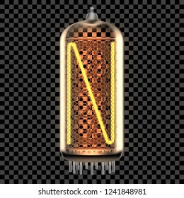 Nixie tube indicator lamp with letter N lit up, as retro-styled alphabet, includes transparency. Vector illustration.