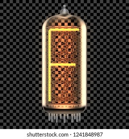 Nixie tube indicator lamp with letter F lit up, as retro-styled alphabet, includes transparency. Vector illustration.