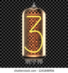 Nixie tube indicator lamp with number 3 lit up, as retro-styled alphabet, includes transparency. Vector illustration.