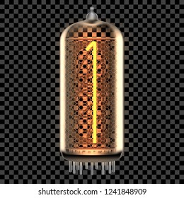 Nixie tube indicator lamp with number 1 lit up, as retro-styled alphabet, includes transparency. Vector illustration.