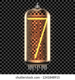 Nixie tube indicator lamp with number 7 lit up, as retro-styled alphabet, includes transparency. Vector illustration.