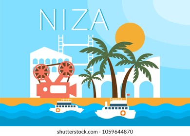 Niza, travel landmarks, city architecture vector illustration in flat style