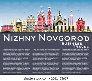 Nizhny Novgorod Russia City Skyline with Color Buildings, Blue Sky and Copy Space. Vector Illustration. Travel and Tourism Concept with Historic Architecture. Nizhny Novgorod Cityscape with Landmarks