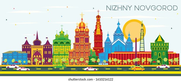 Nizhny Novgorod Russia City Skyline with Color Buildings and Blue Sky. Vector Illustration. Business Travel and Tourism Concept with Historic Architecture. Nizhny Novgorod Cityscape with Landmarks.