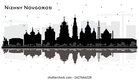 Nizhny Novgorod Russia City Skyline Silhouette with Black Buildings and Reflections Isolated on White Background. Vector Illustration. Tourism Concept with Historic Architecture. Novgorod Cityscape.