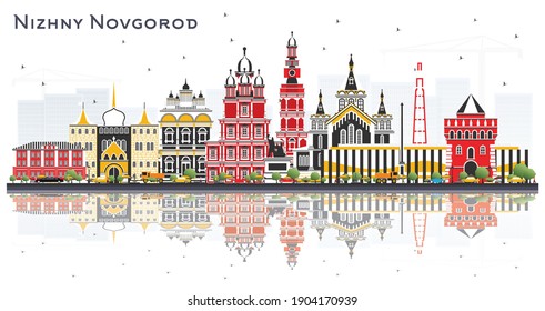 Nizhny Novgorod Russia City Skyline with Color Buildings and Reflections Isolated on White Background. Vector Illustration. Historic Architecture. Nizhny Novgorod Cityscape with Landmarks.