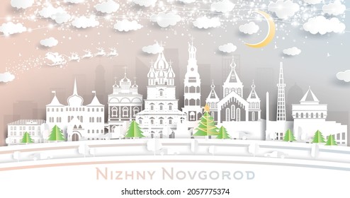 Nizhny Novgorod Russia City Skyline in Paper Cut Style with Snowflakes, Moon and Neon Garland. Vector Illustration. Christmas and New Year Concept. Santa Claus on Sleigh. Cityscape with Landmarks.