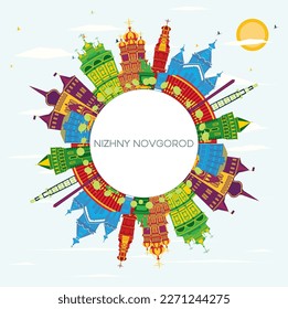 Nizhny Novgorod Russia City Skyline with Color Buildings, Blue Sky and Copy Space. Vector Illustration. Tourism Concept with Historic Architecture. Nizhny Novgorod Cityscape with Landmarks.