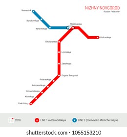 Nizhny Novgorod, Russian Federation Vector Metro Map. Rapid Transit System Scheme of Nizhny Novgorod. Subway Map, Underground Scheme. Current Status - 2018.