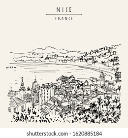 Nizza (Nice), France, Europe. Cozy European town on French Riviera, waterfront. Mediterranean sea. Hand drawing. Travel sketch. Vintage touristic postcard, poster or book illustration. EPS 10 vector