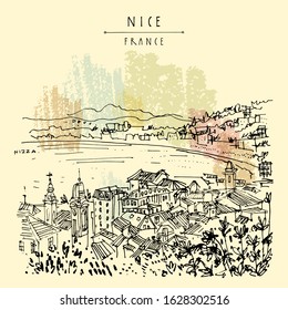 Nizza (Nice), France, Europe. Cozy European town on French Riviera, waterfront. Mediterranean sea. Hand drawing. Travel sketch. Vintage touristic postcard, poster or book illustration. EPS 10 vector