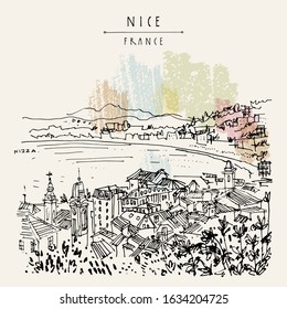 Nizza (Nice), France, Europe. Cozy European town on French Riviera, waterfront. Mediterranean sea. Hand drawing. Travel sketch. Vintage touristic postcard, poster or book illustration. EPS 10 vector