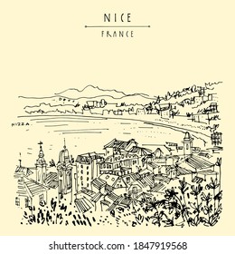 Nizza (Nice), France, Europe. Cozy European town on French Riviera, waterfront. Mediterranean sea. Hand drawing. Travel sketch. Vintage touristic postcard, poster or book illustration